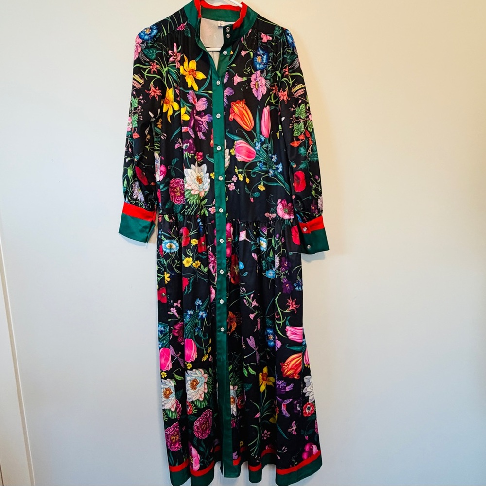 Floral Button-Front Maxi Dress in Black